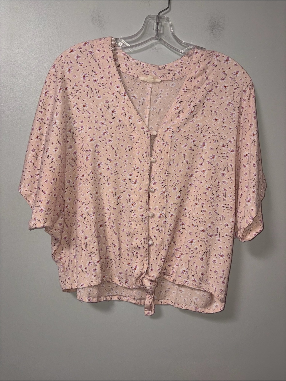Sim & Sam Apricot Pink Ditsy Floral Button Tie Front Cropped Top M Boho Peasant